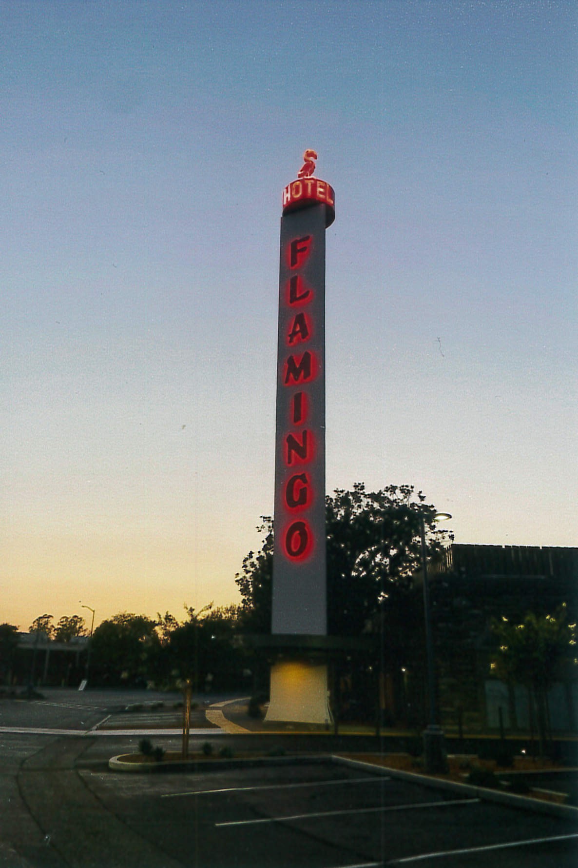Flamingo Resort Neon pylon sign at dusk